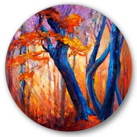 DesignArt 'Апстрактни сини силуети на дрвја во портокалова есенска шума' Фарма куќа метална wallидна уметност - диск од 36