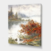 DesignArt 'Поглед на езерото во есенско обоено' Традиционално печатење на wallидови од платно