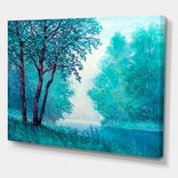 DesignArt „Царен впечаток на сино обоено дрво од Риверсајд“ езерото Хаус Канвас Wallидна уметност Печати