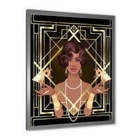 DesignArt 'Retro Girl in Golder Art Deco Geometrics I' Современ врамен уметнички принт