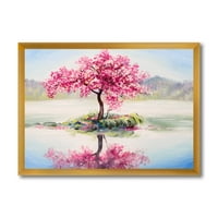 DesignArt 'Ориентална цреша розова дрво Сакура на езерото „Езерото куќа“ врамена уметничка принт